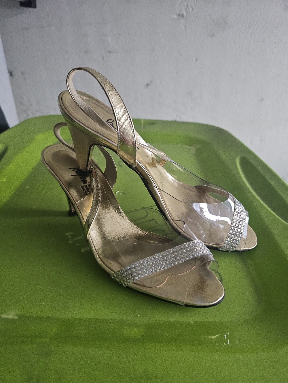 Gold Slingback Heels with Clear Upper and Crystal Strap